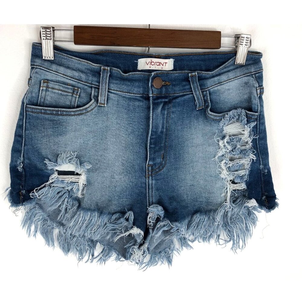 Vibrant MIU Fringed Jean Shorts Women Medium Blue Distressed High Rise Demim - Picture 1 of 5